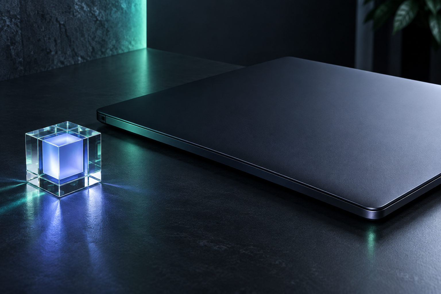 NOD26 artwork: an unbranded laptop beside a luminous glass cube